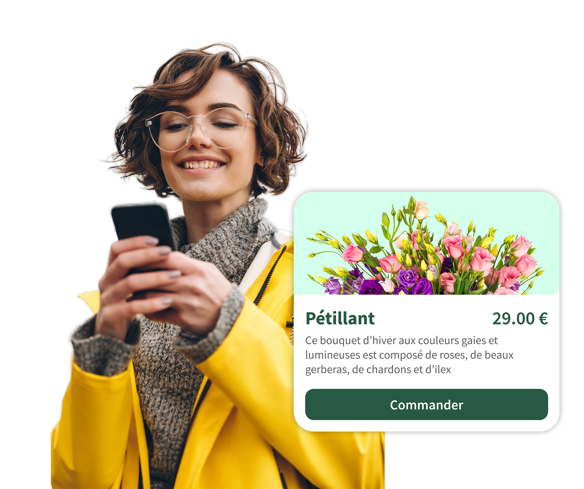 Femme qui commande un produit depuis la solution ACCESS Menu grâce à la digitalisation d'une offre de bouquet chez un fleuriste.